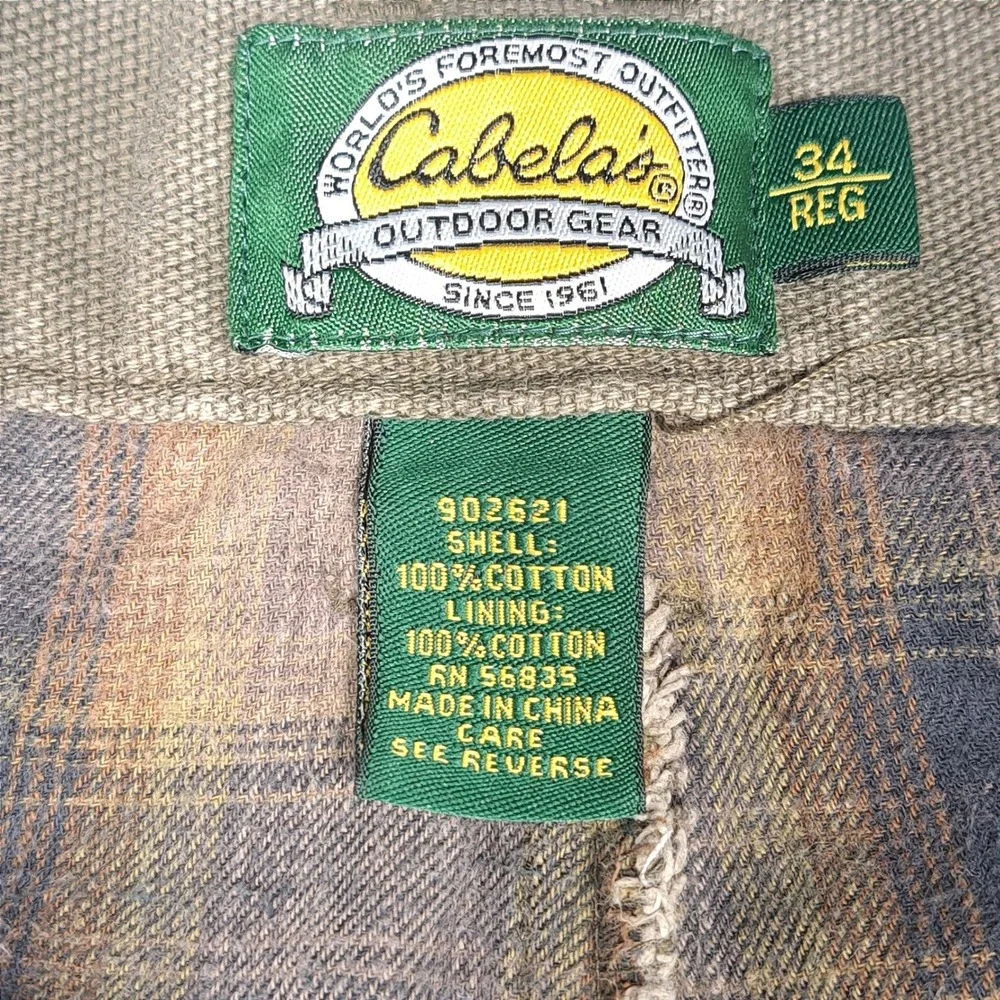 Cabelas Flannel Lined Cargo Pants Mens 34 Reg Khaki Tan Canvas Plaid Lined Work